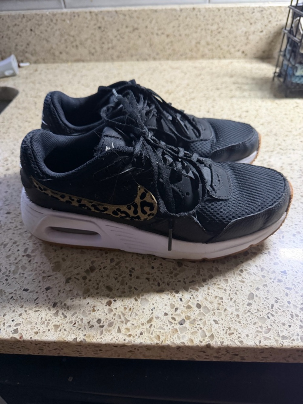 Nike Black Sneakers with Leopard-Print Swoosh good condition size 6 girls